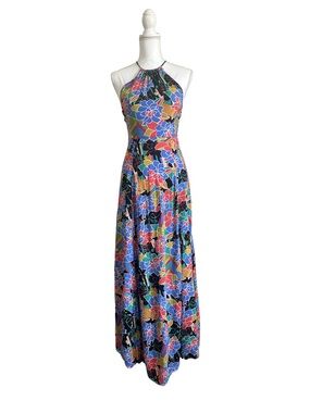 Molly Green Floral Halter Maxi Dress Open Back Rayon Size Small Vacay Resortwear